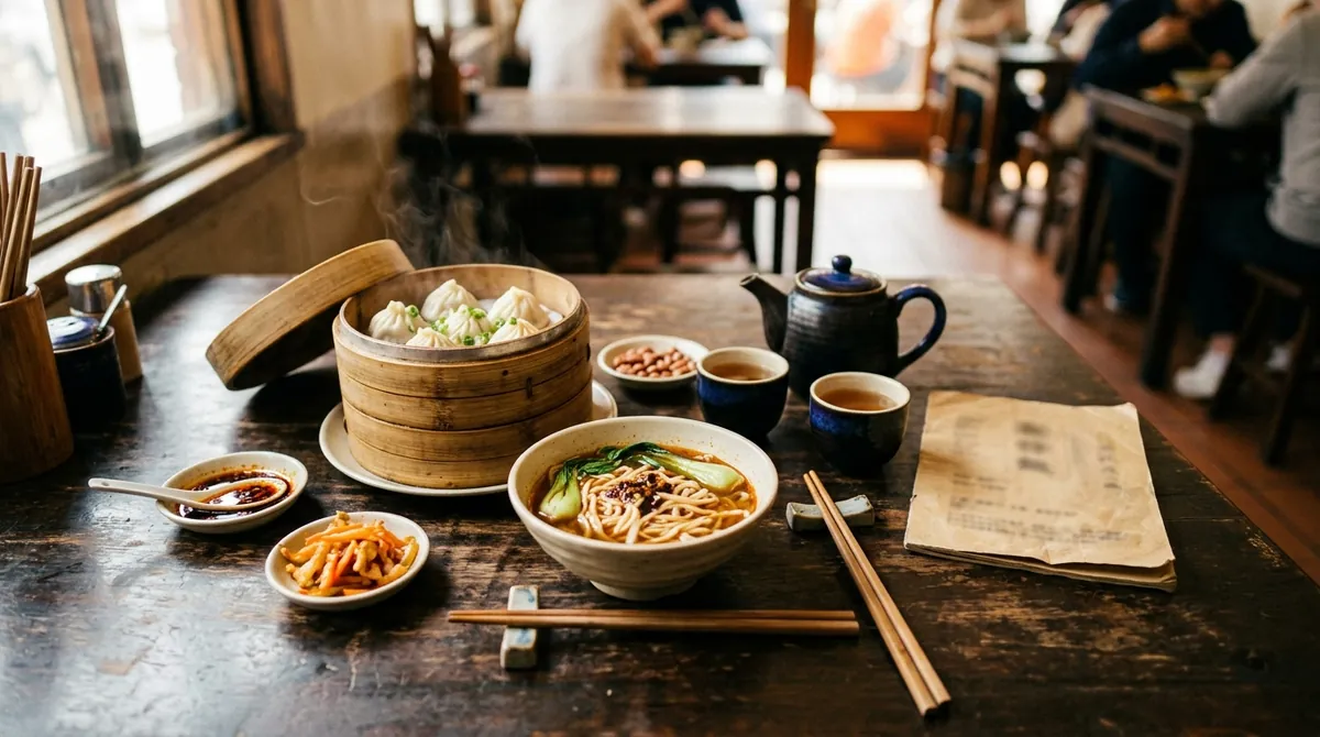 A restaurant table in China with dumplings, a bowl of noodles, small dishes, tea and a menu
