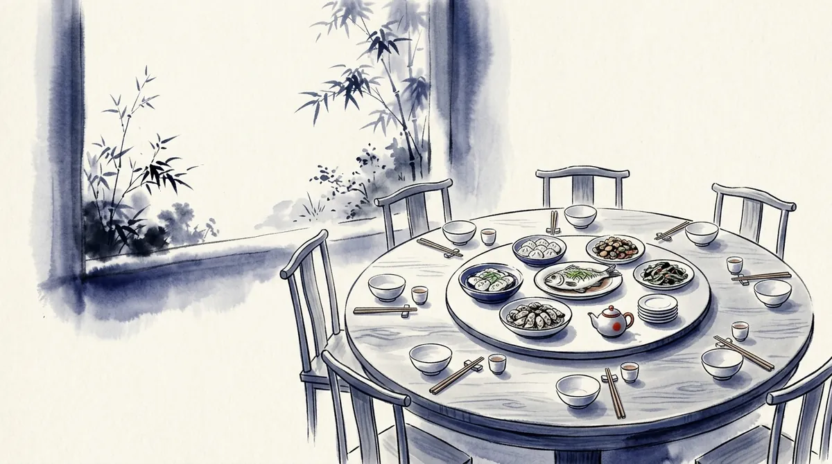 Ink-wash illustration of a round table with a lazy Susan of shared dishes