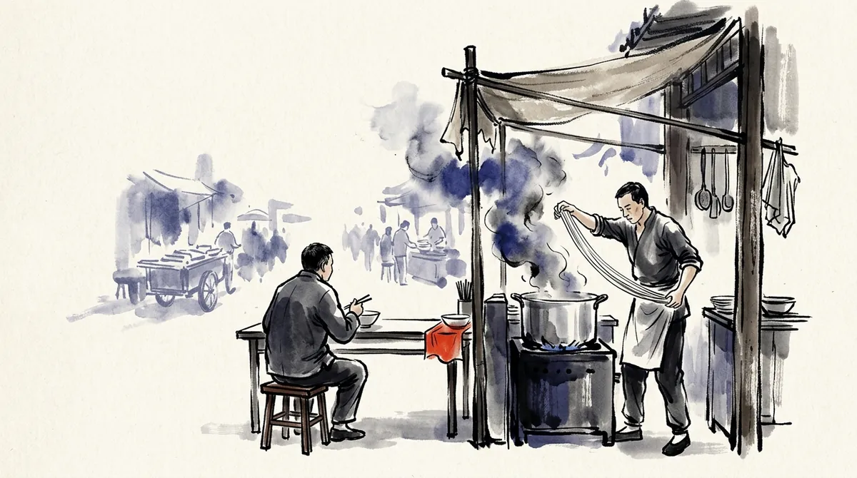 Ink-wash painting of a cook stretching noodles at a street stall while a customer waits