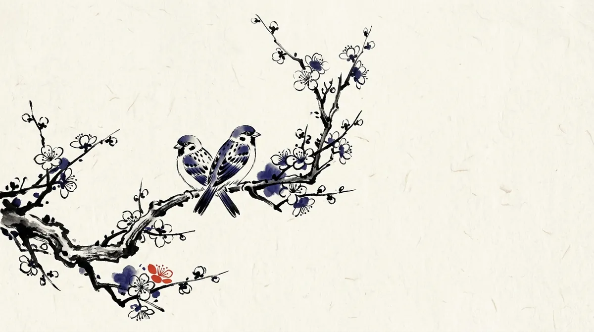 Ink-wash painting of two birds side by side on a plum blossom branch