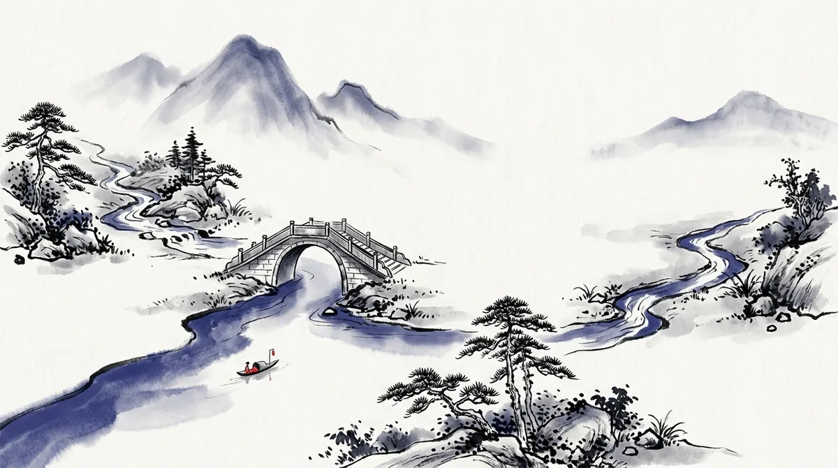 Ink-wash painting of two streams joining into one river under an arched bridge