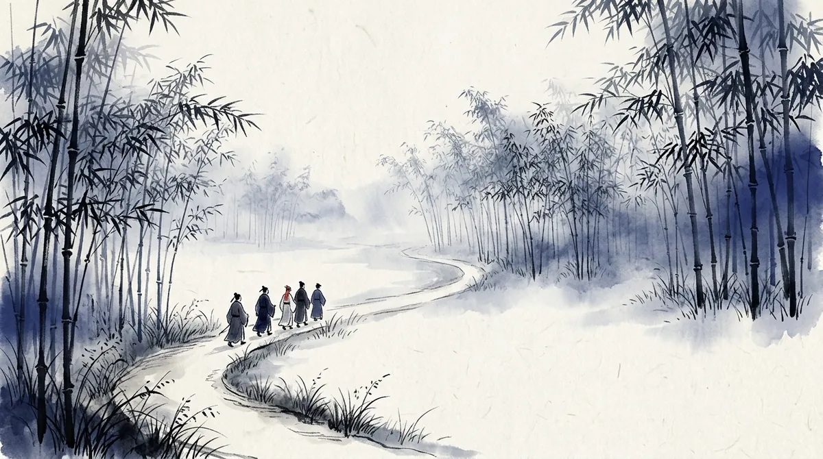 Ink-wash painting of a small group walking together along a path through bamboo