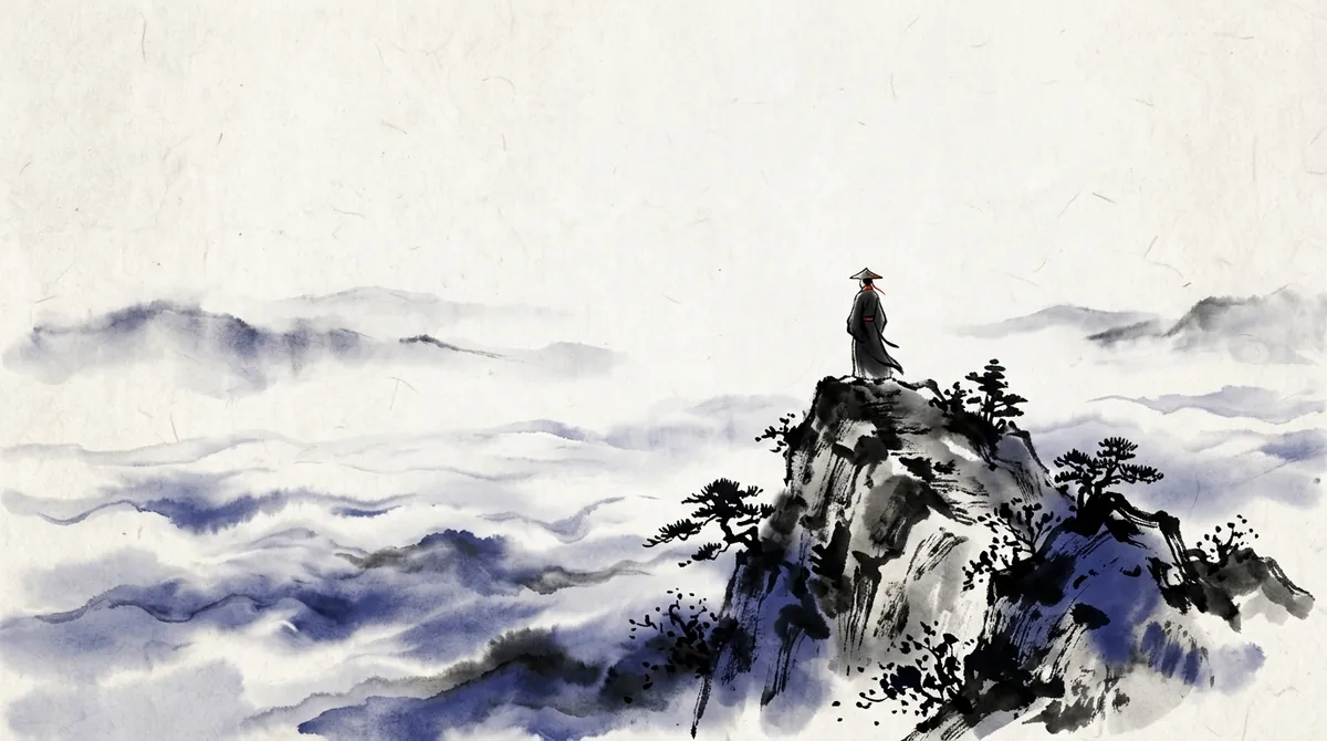 Ink-wash painting of a single figure standing on a mountain peak above a sea of clouds