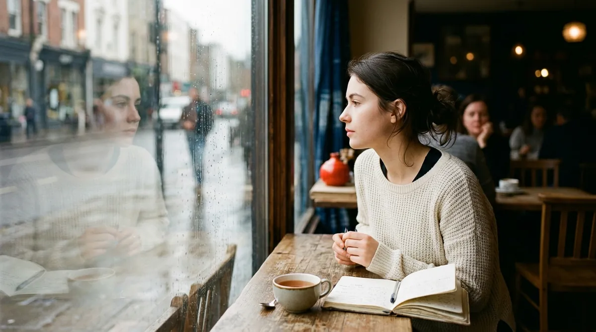 A learner in a café looking at her own reflection in the window, with tea and an open notebook