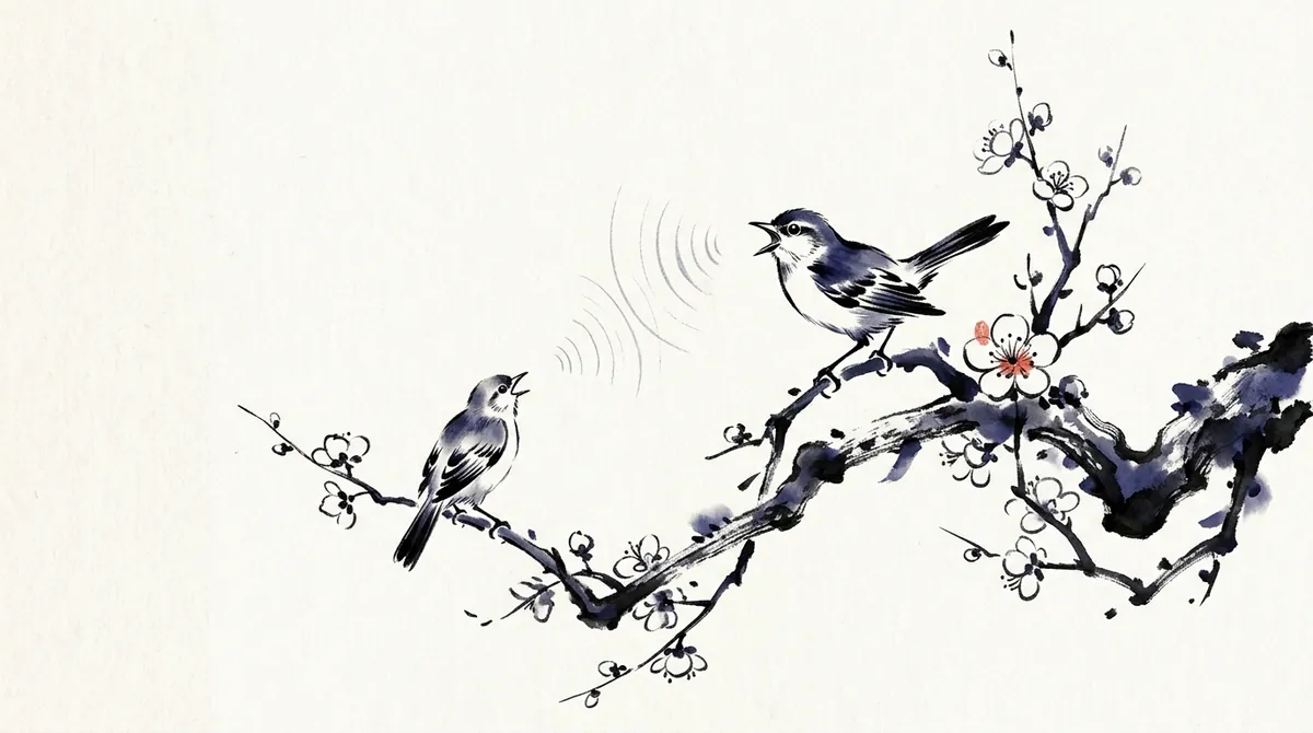 Ink-wash painting of two birds on a plum branch, one singing and the other copying its song