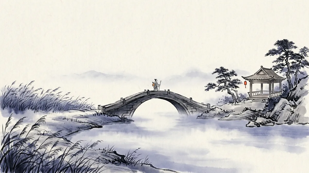 Ink-wash painting of a traveller crossing an arched stone bridge over a misty river towards a pavilion