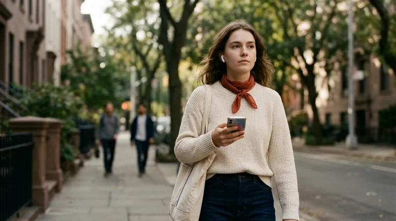 A learner with wireless earbuds walking down a tree-lined street, holding a phone and listening with a focused expression