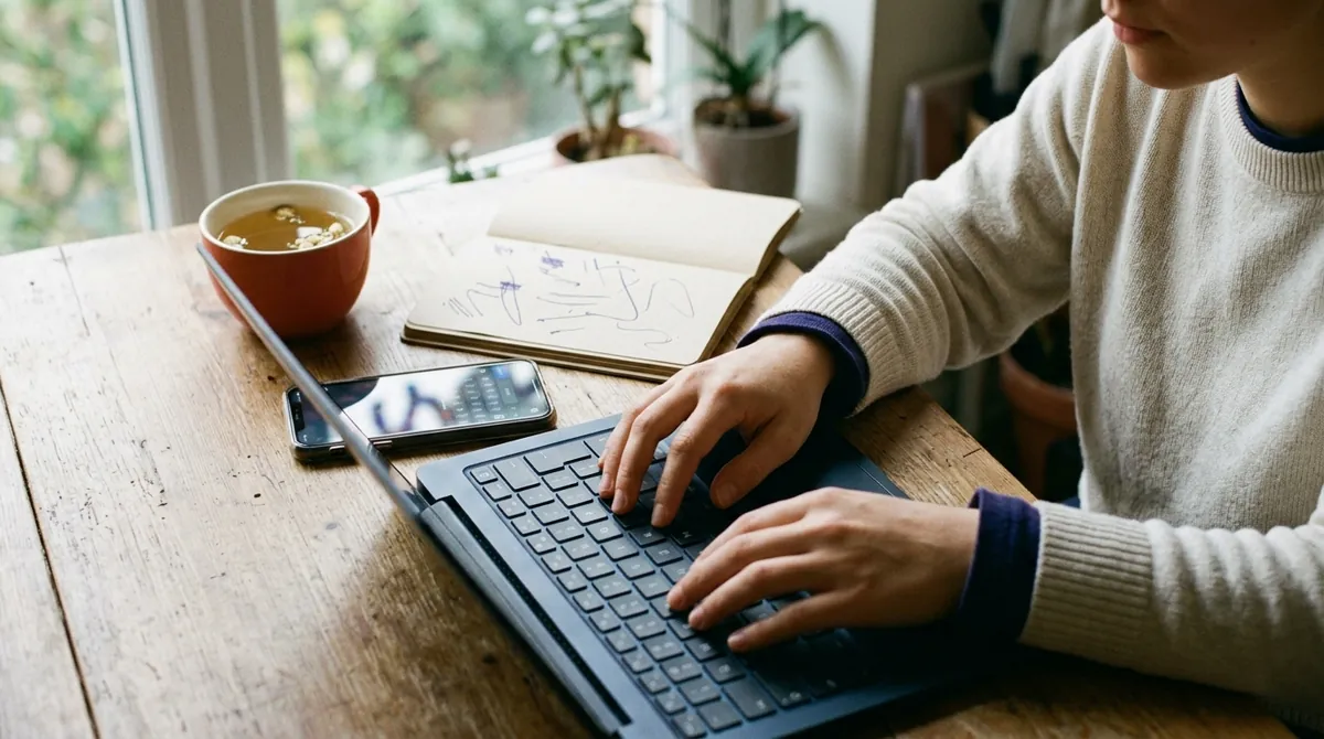 Hands typing on a laptop keyboard at a wooden desk by a window, with a smartphone, an open notebook and a cup of tea beside it