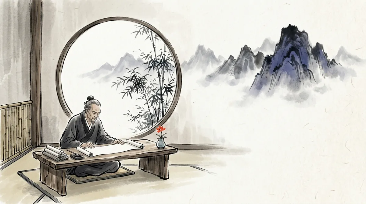 Ink-wash painting of a scholar at a low desk unrolling a scroll beside a round window with bamboo and misty mountains