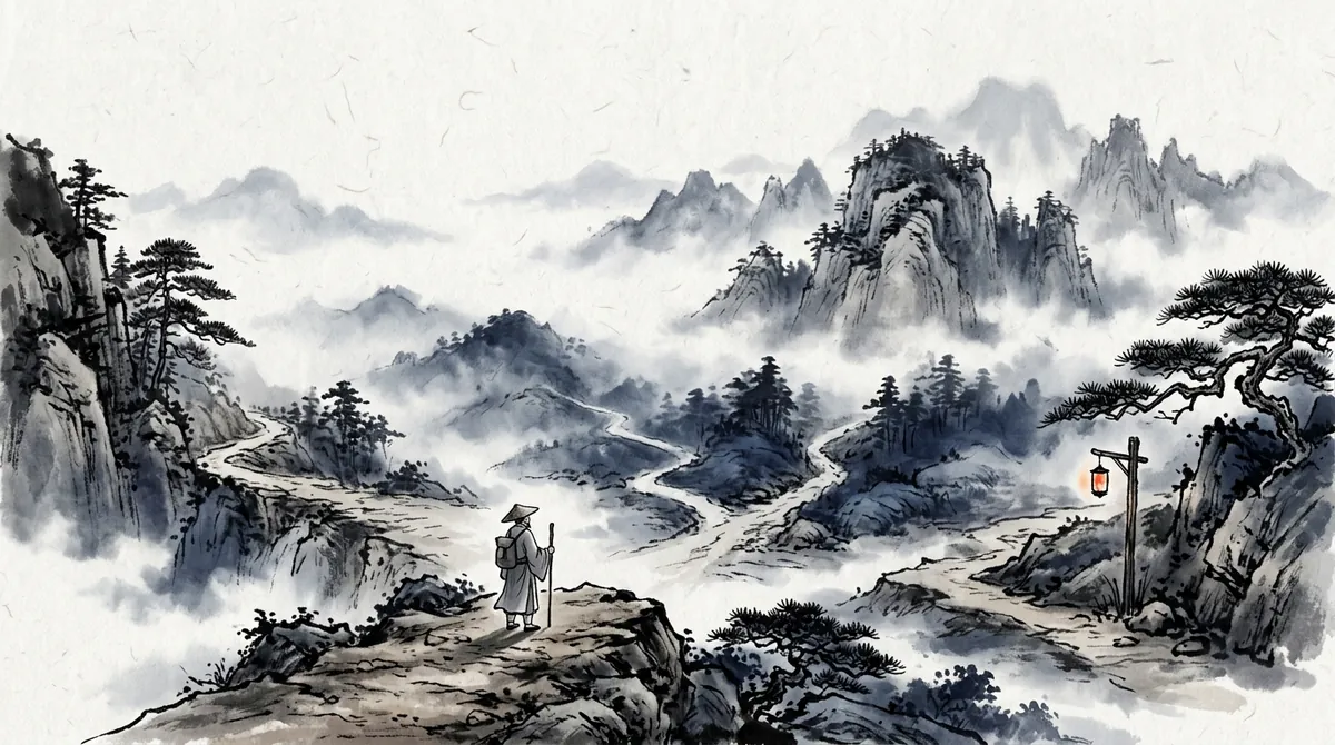 Ink-wash painting of a traveller on a ledge looking out over several branching mountain paths, one marked by a small lantern