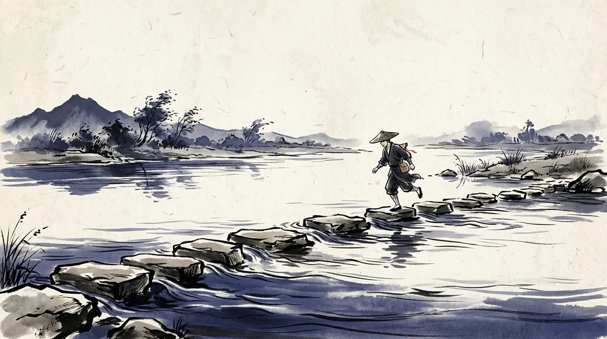 Ink-wash painting of a traveller crossing a wide river quickly on a line of flat stepping stones