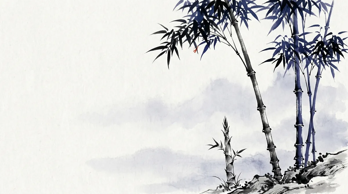 Ink-wash painting of a young bamboo shoot beside tall segmented bamboo stalks in the mist