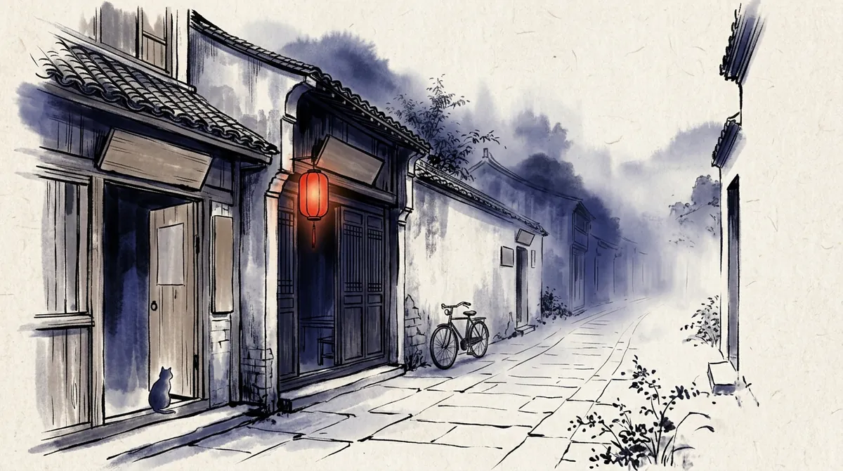 Ink-wash painting of a quiet old street with shop fronts, a red lantern, a bicycle against a wall and a cat in a doorway