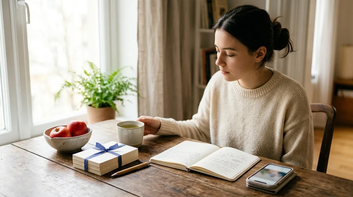 A learner at a wooden table by a window with a stack of blank flashcards tied with blue ribbon, an open notebook, a phone and a bowl of apples