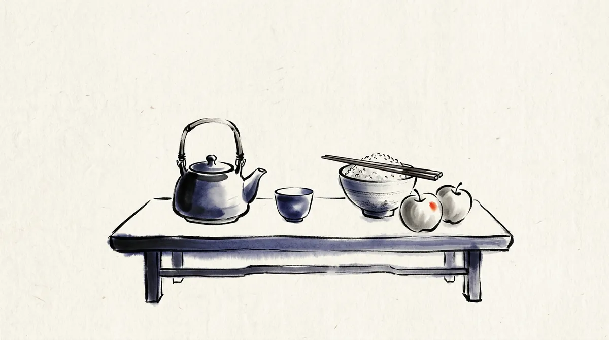 Ink-wash painting of a teapot, a tea cup, a bowl of rice with chopsticks and two apples on a low table