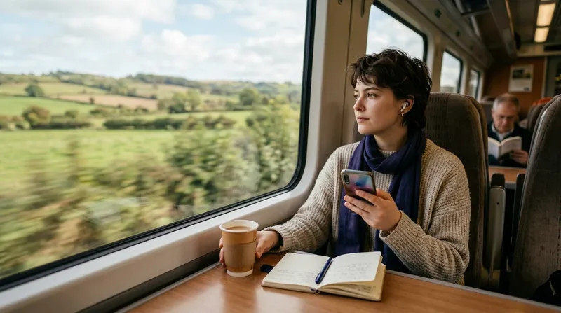 A learner with earbuds looking out of a train window at green countryside, holding a phone, with an open notebook and a paper cup of coffee on the table