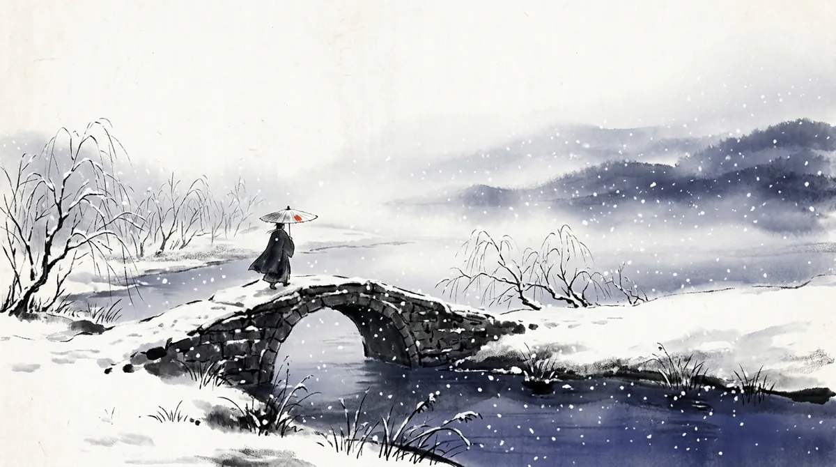 Ink-wash painting of a traveller with an umbrella crossing a small stone bridge over a river in falling snow