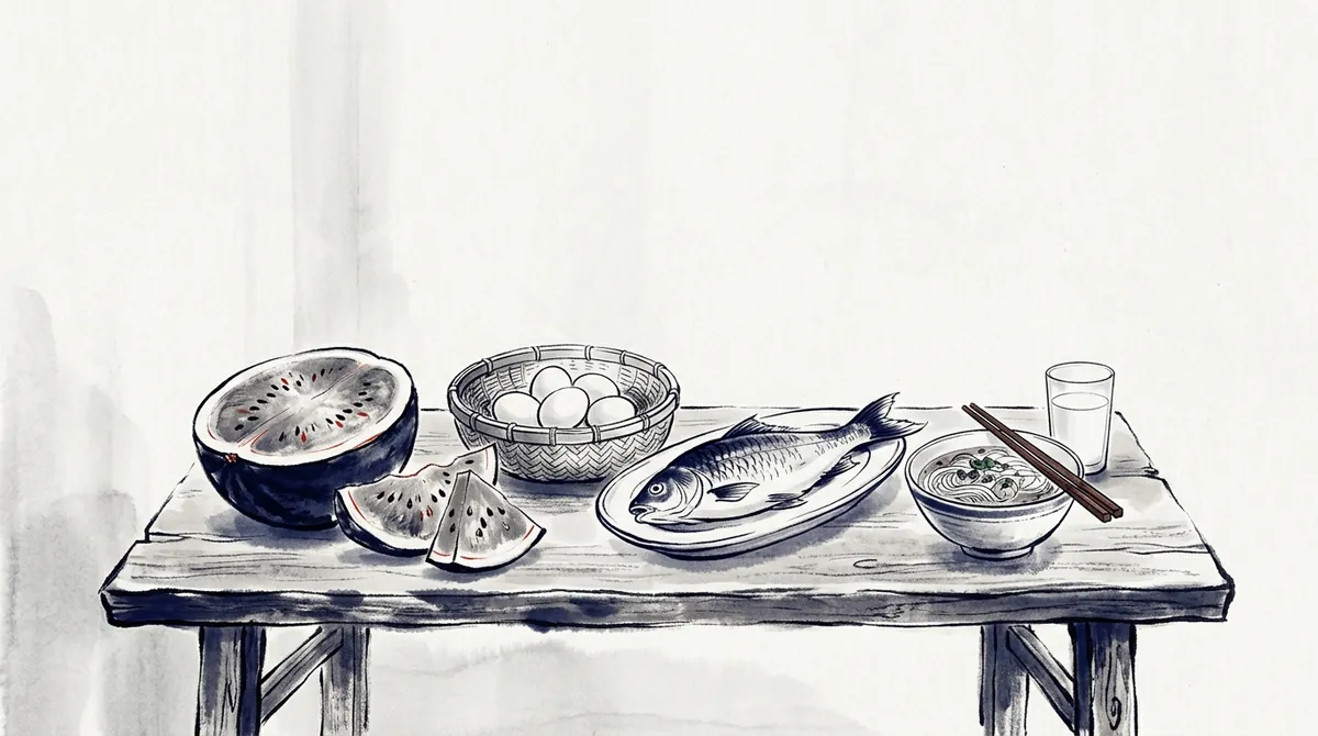 Ink-wash painting of a halved watermelon, a basket of eggs, a fish on a plate, a bowl of noodles and a glass of milk on a wooden table