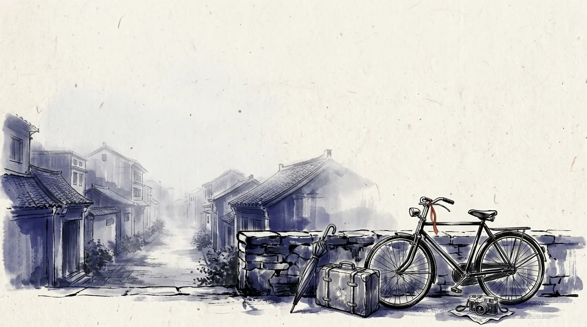 Ink-wash painting of an old bicycle, a suitcase, a folded umbrella and a camera beside a stone wall at the end of a quiet street