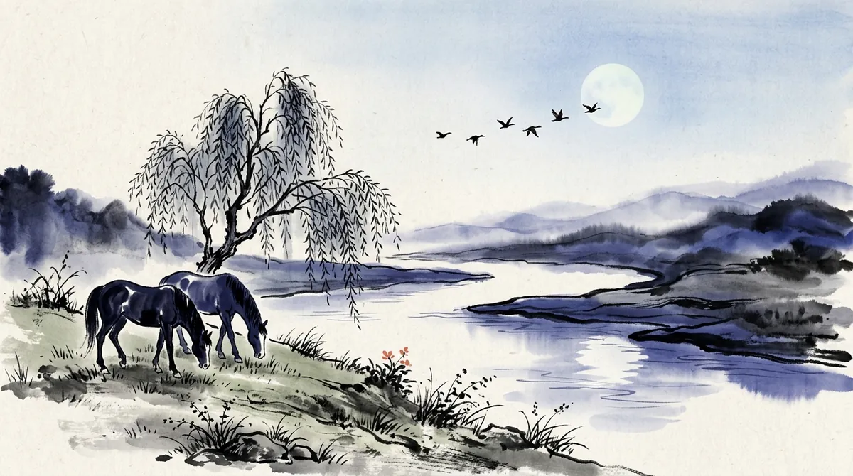 Ink-wash painting of two horses grazing on a riverbank under a willow tree, with geese flying past a full moon