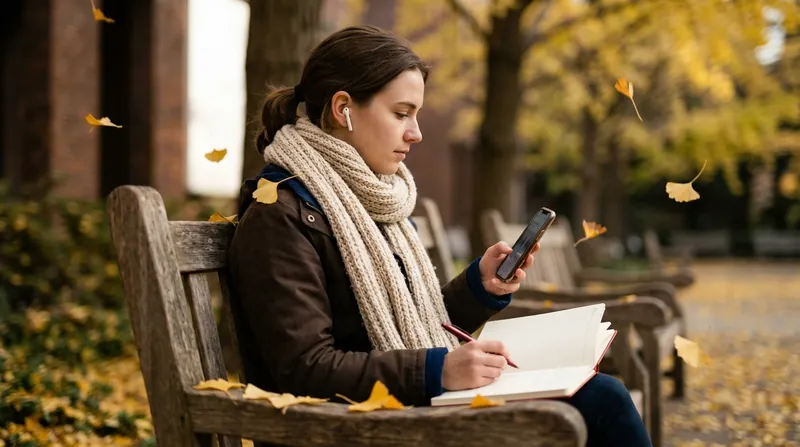 A learner in a scarf and earbuds sitting on a wooden park bench under falling yellow ginkgo leaves, holding a phone and writing in a notebook