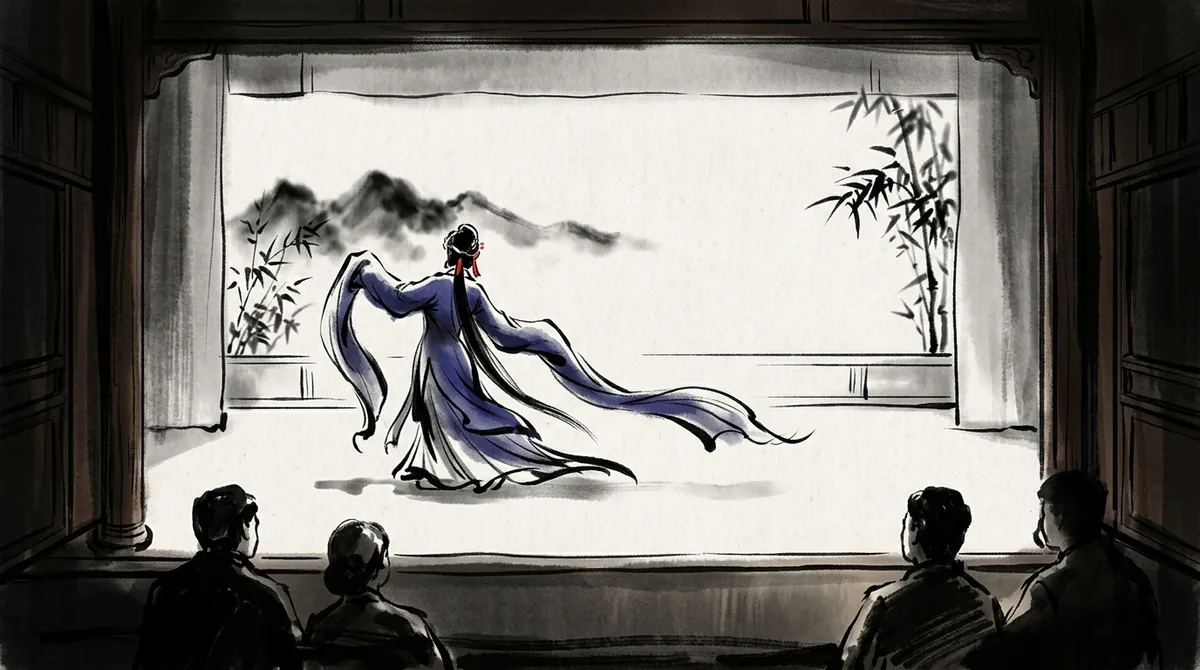 Ink-wash painting of a Beijing opera performer with long flowing sleeves on stage, seen from behind the audience