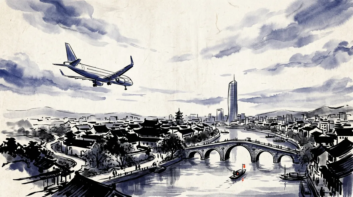 Ink-wash painting of a plane coming in to land over a riverside city with an arched stone bridge, old rooftops and a modern tower