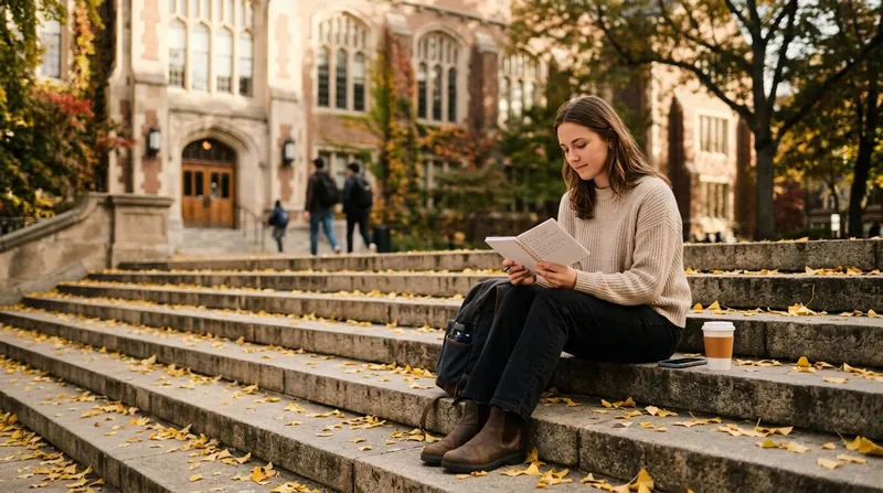 A student in a cream jumper sitting on stone steps outside a university library in autumn, reading a notebook, with ginkgo leaves on the steps and a cup of tea beside her