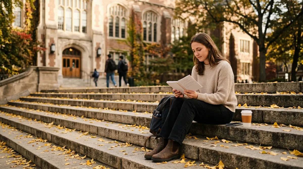 A student in a cream jumper sitting on stone steps outside a university library in autumn, reading a notebook, with ginkgo leaves on the steps and a cup of tea beside her