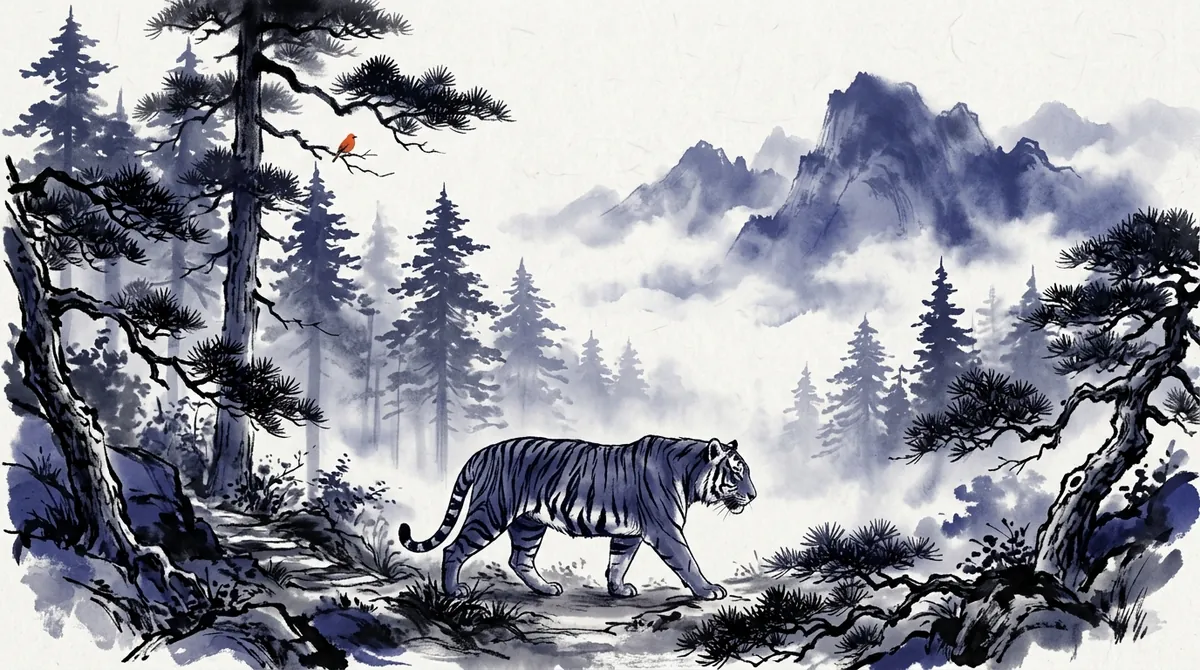 Ink-wash painting of a tiger walking through a misty pine forest below cloud-covered mountains