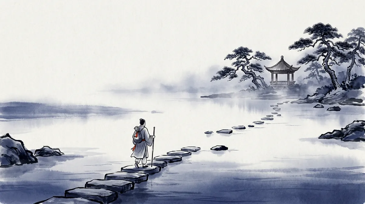 Ink-wash painting of a traveller crossing a misty river on stepping stones that sit close together near the bank and grow sparse, with gaps, towards a pavilion on the far shore