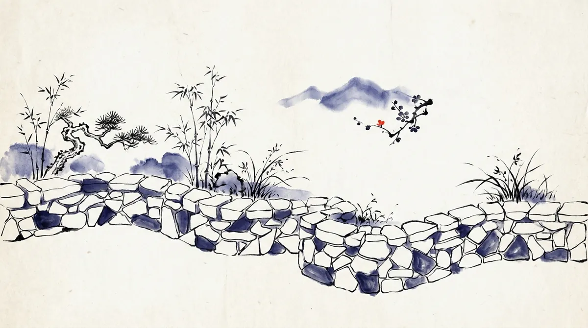 Ink-wash painting of a low garden wall built from a few shapes of stone fitted together, with bamboo and pine behind it