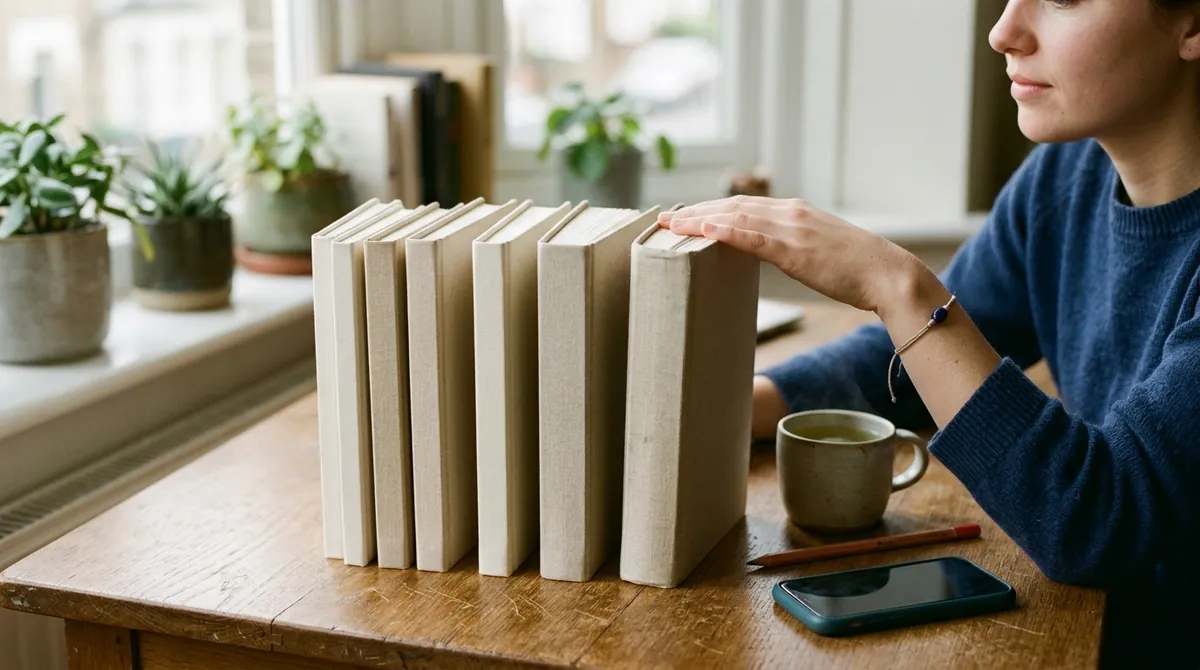 A learner at a wooden desk resting a hand on a row of cream notebooks that get thicker from left to right, next to a mug of green tea and a phone