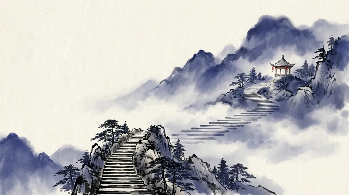 Ink-wash painting of stone steps winding up a misty mountain to a small pavilion at the top