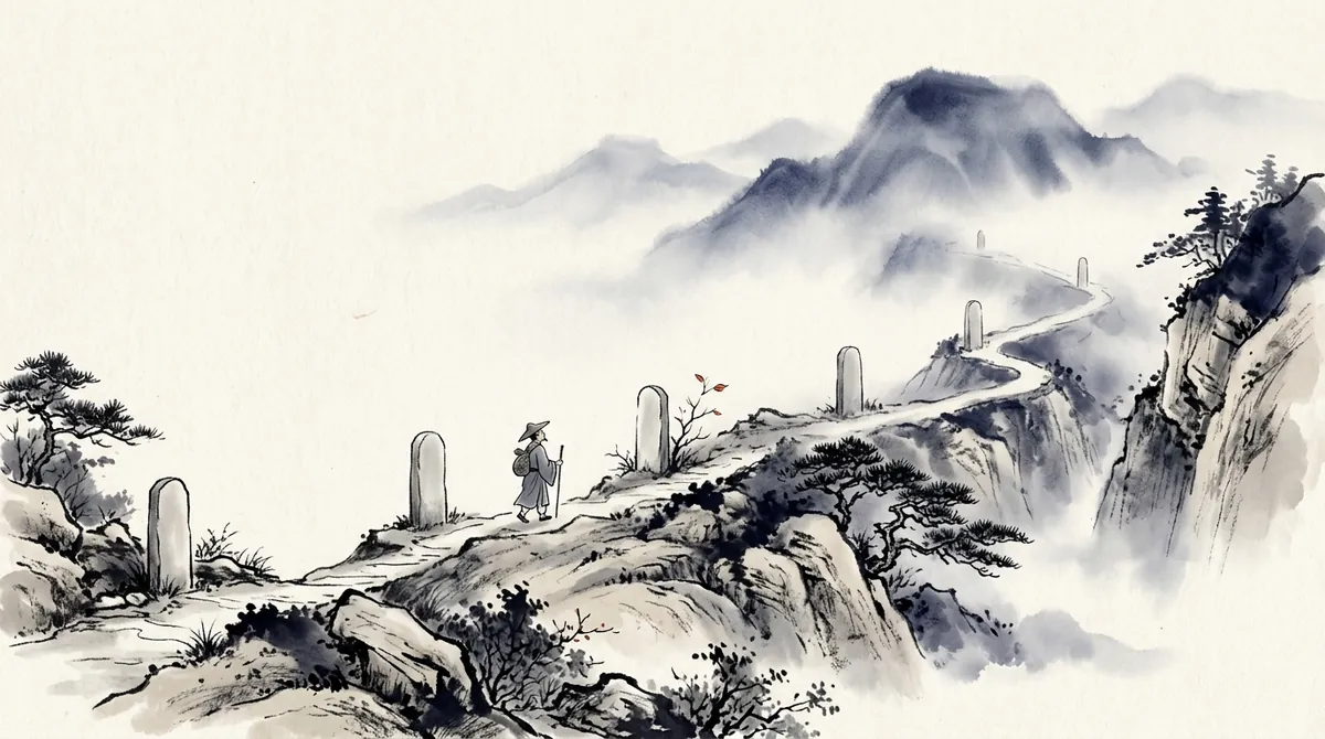 Ink-wash painting of a traveller on a winding mountain path lined with plain stone markers, fading into mist