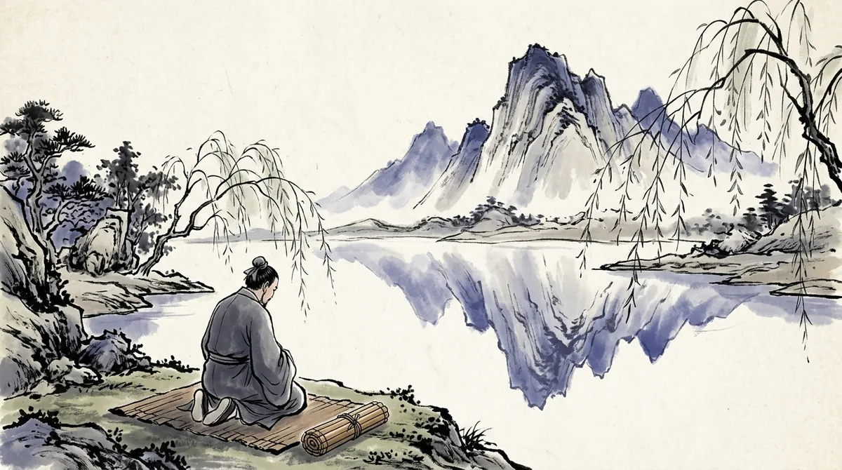 Ink-wash painting of a scholar kneeling by a still lake, seen from behind, with mountains reflected in the water and willows overhead