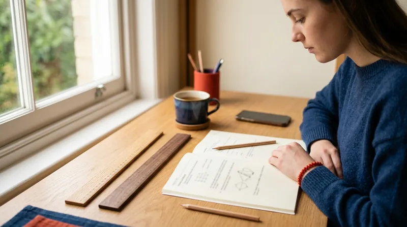 A learner studying a workbook at a desk by a window, with a light and a dark wooden ruler laid side by side
