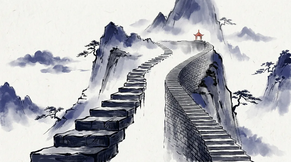 Ink-wash painting of two stone staircases climbing a misty mountain side by side, one with a few tall steps and one with many small steps