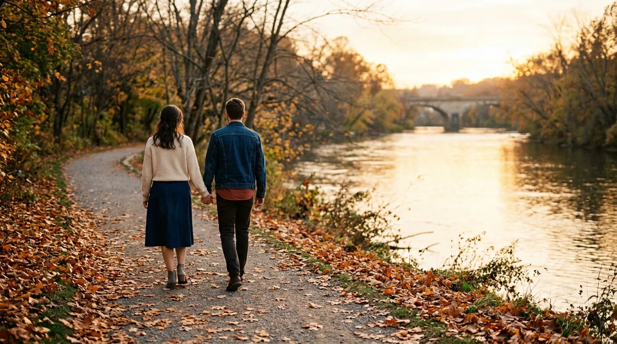 A couple walking hand in hand along a riverside path at golden hour, seen from behind