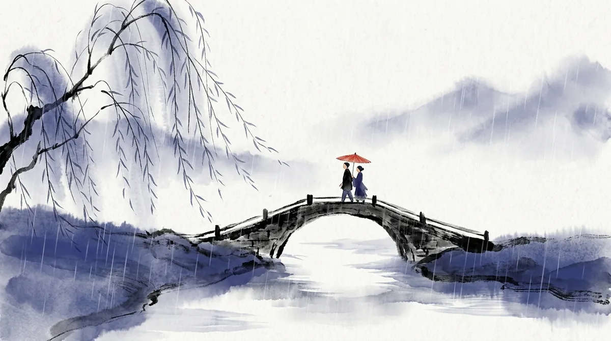 Ink-wash painting of a couple sharing a red umbrella on an arched bridge in the rain