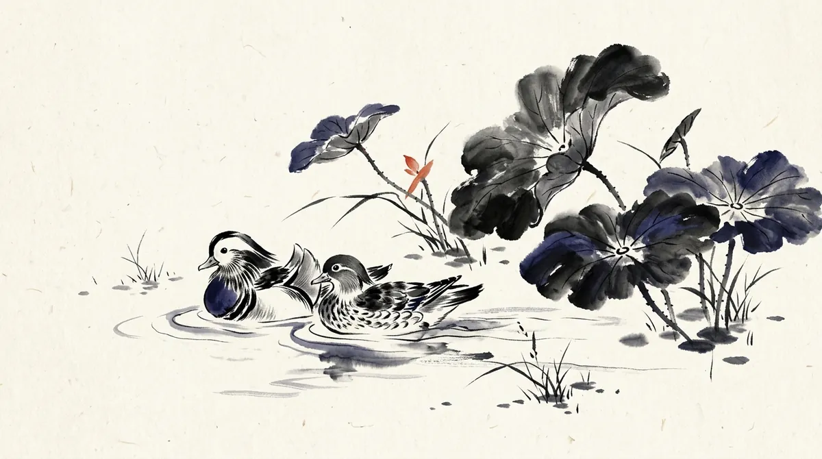 Ink-wash painting of a pair of mandarin ducks, a Chinese symbol of devoted love, swimming among lotus leaves