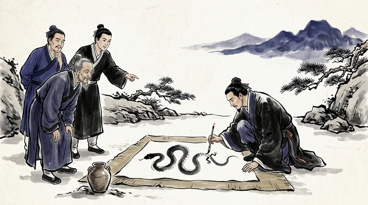 Ink-wash painting of the fable behind 画蛇添足: a man adding legs to a painted snake while others watch