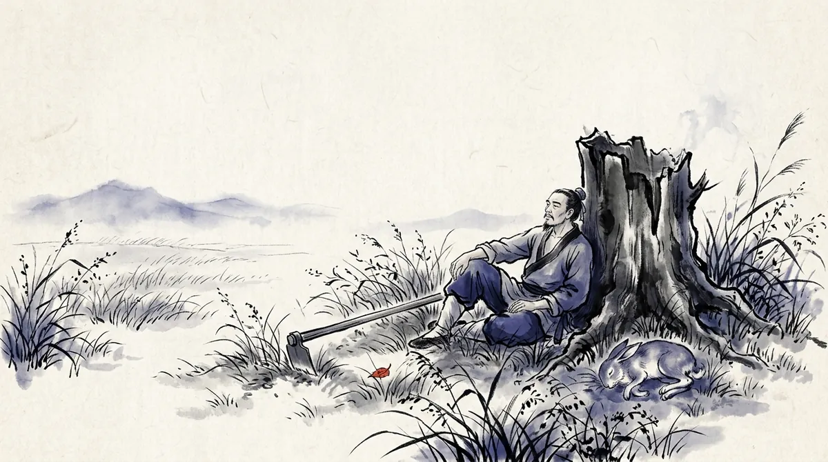 Ink-wash painting of the fable behind 守株待兔: a farmer idling by a tree stump waiting for a hare