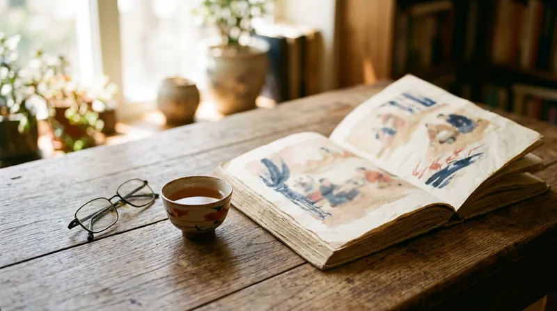 An old illustrated book of Chinese stories open on a desk beside tea and reading glasses