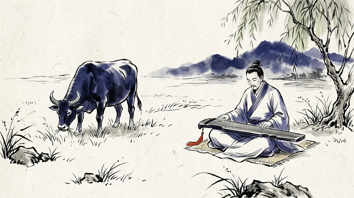 Ink-wash painting of the fable behind 对牛弹琴: a scholar playing a qin to a grazing cow
