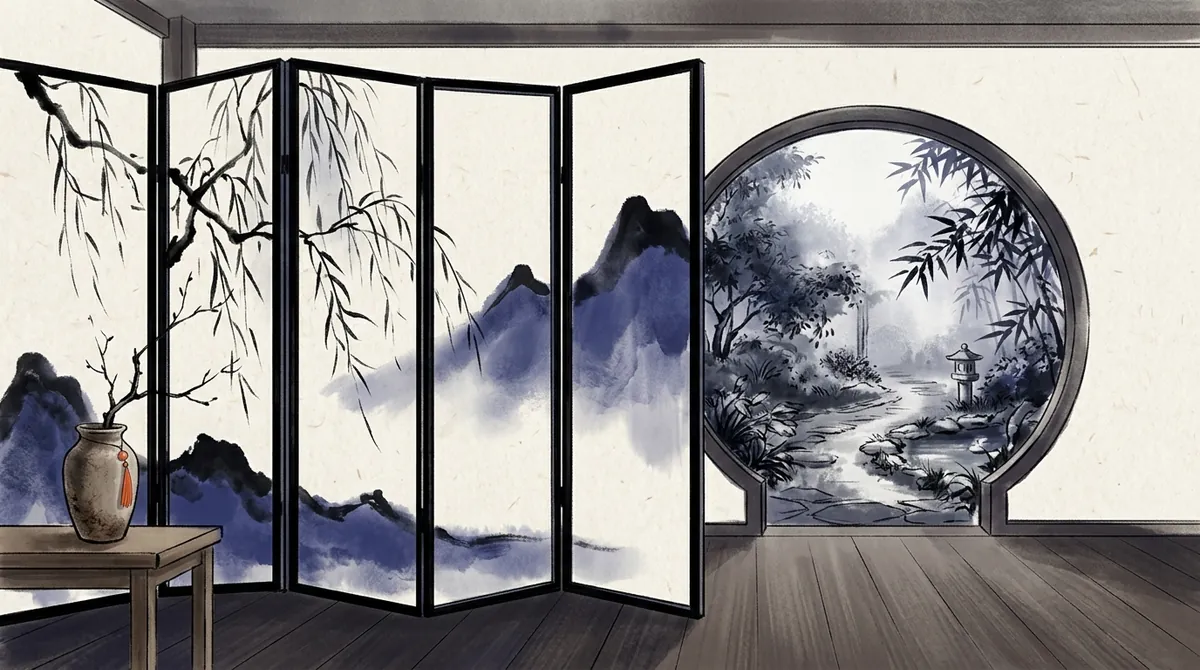 Ink-wash painting of a folding screen partly covering the view of a garden through a moon gate