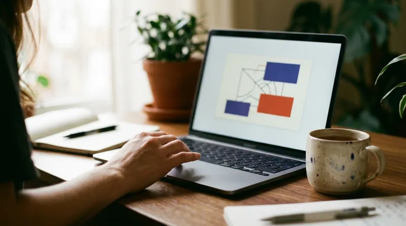 A laptop showing a flashcard with parts of a diagram covered by coloured blocks, a hand on the trackpad and a mug nearby