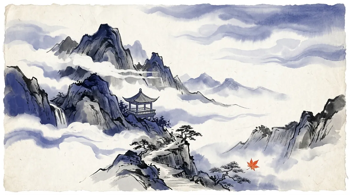 Ink-wash painting of mountains partly hidden by bands of cloud, with a pavilion showing through a gap