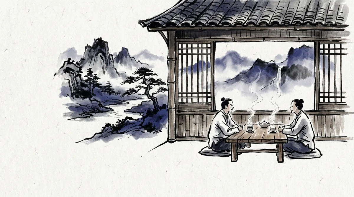 Ink-wash painting of two friends talking over tea in a teahouse by the mountains