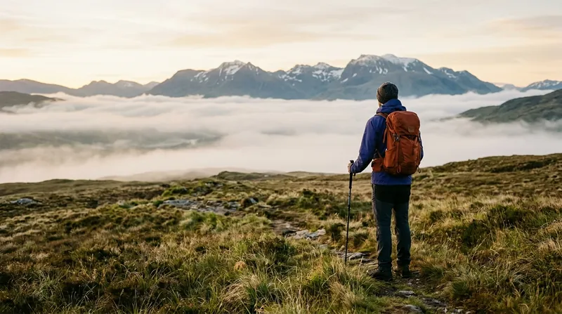 A hiker on a grassy high plateau looking towards distant peaks above the morning mist